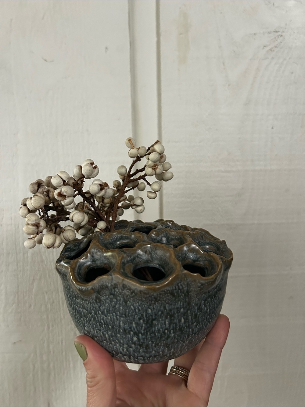 Handmade Ceramic Flower Frog Vase Blue-Green-Gray approx 5x3”